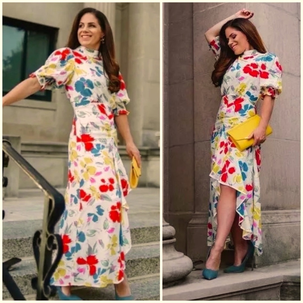 New RIXO Target Floral Mock Neck Cascade Ruffle Dress Size 2 - Picture 3 of 8